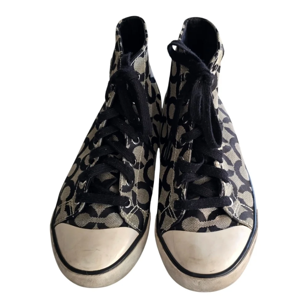 Coach Cardinal High Top Sneakers Women Sz 8B Black White Signature Logo … - Picture 2 of 16
